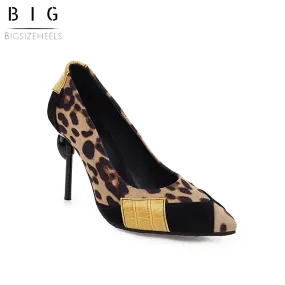 Bigsizeheels Stylish Leopard Slip-On Stiletto Heel Pointed Toe Sexy Thin Shoes - Black Leopard