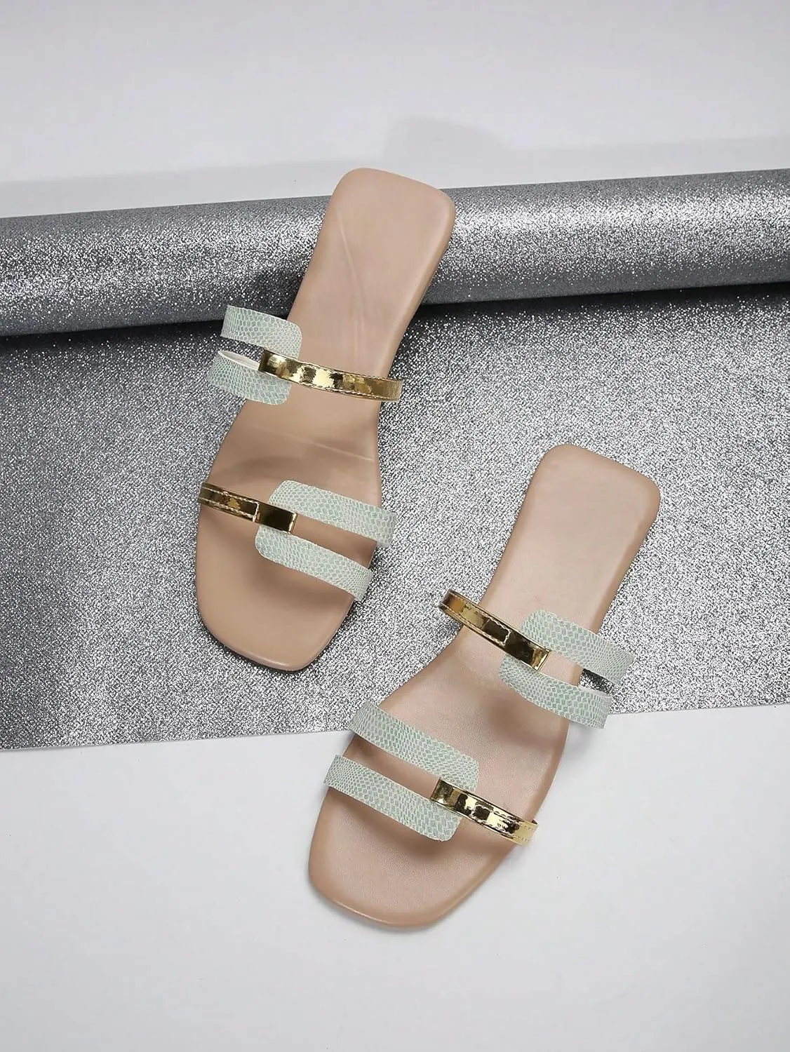 GORGLITTER Women's Trendy Chain Flat Sandals Metallic Double Strappy Slide Sandals