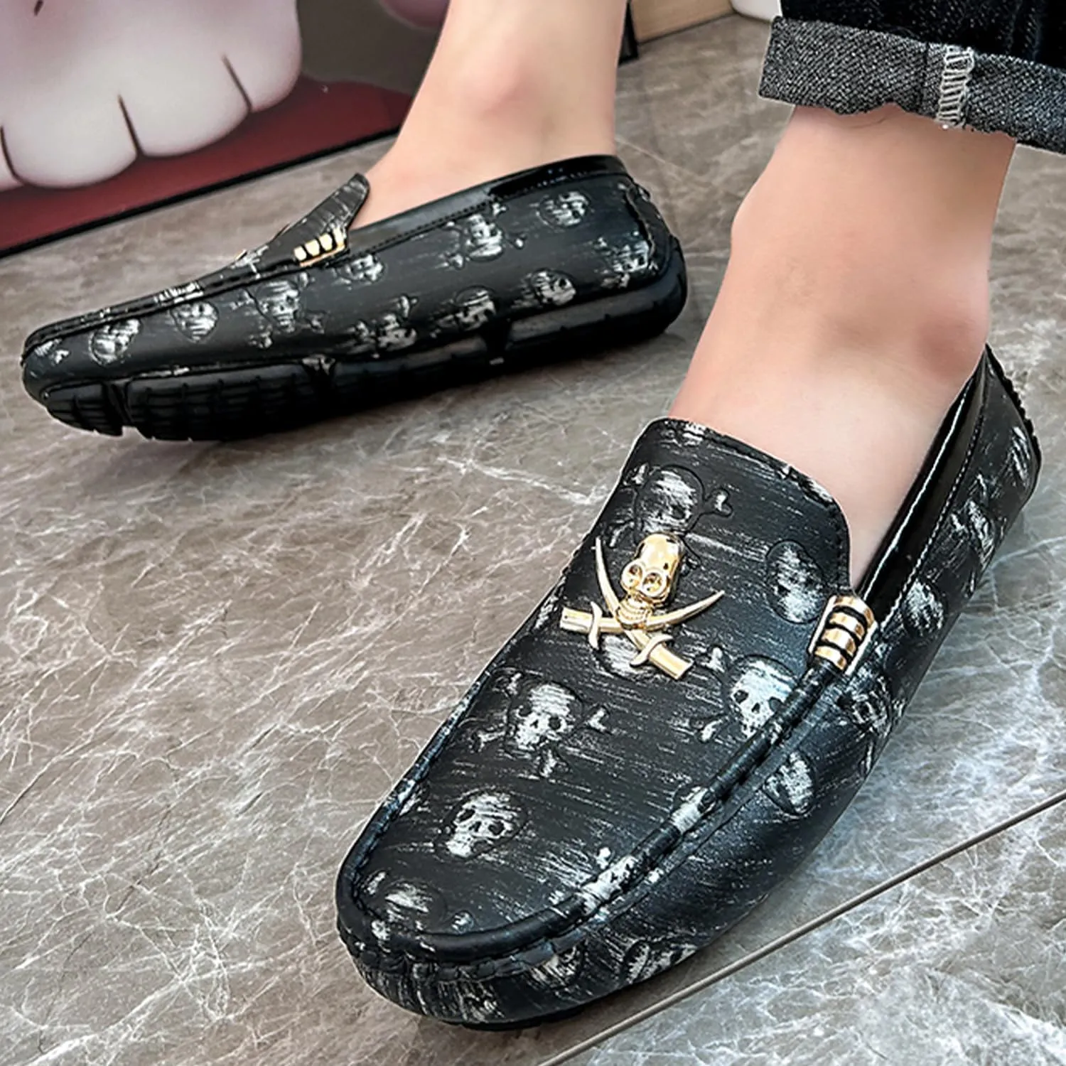 Men's Driving Loafers Moccasins Slip On Loafers with Skull Pattern Metal Ornaments Soft Arch Support Black Penny Loafers for Men
