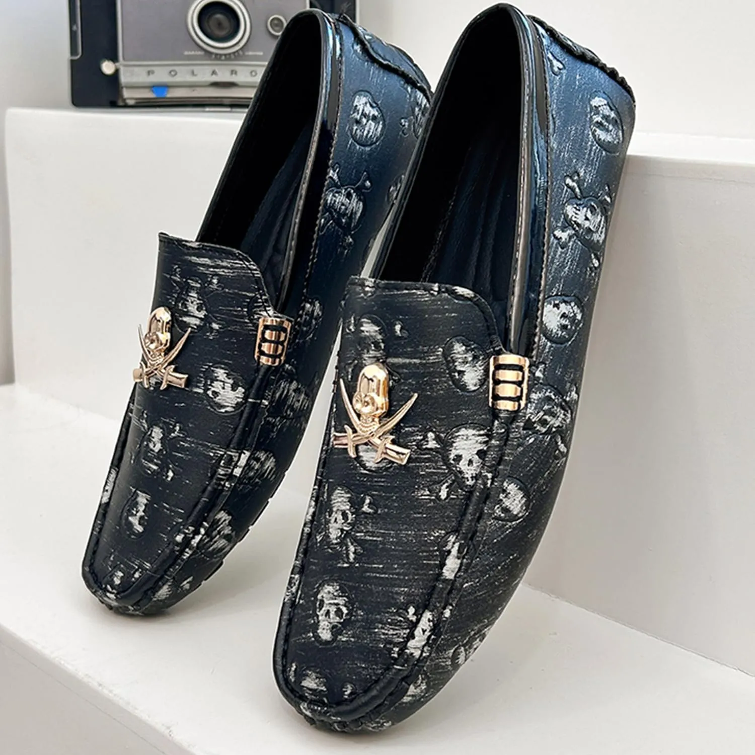 Men's Driving Loafers Moccasins Slip On Loafers with Skull Pattern Metal Ornaments Soft Arch Support Black Penny Loafers for Men