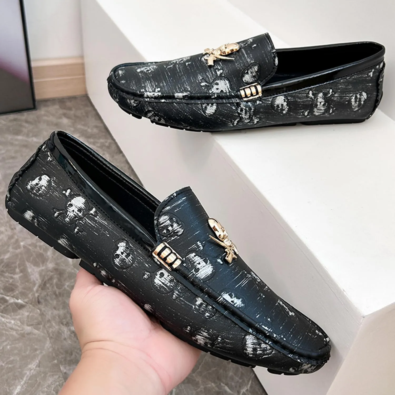 Men's Driving Loafers Moccasins Slip On Loafers with Skull Pattern Metal Ornaments Soft Arch Support Black Penny Loafers for Men