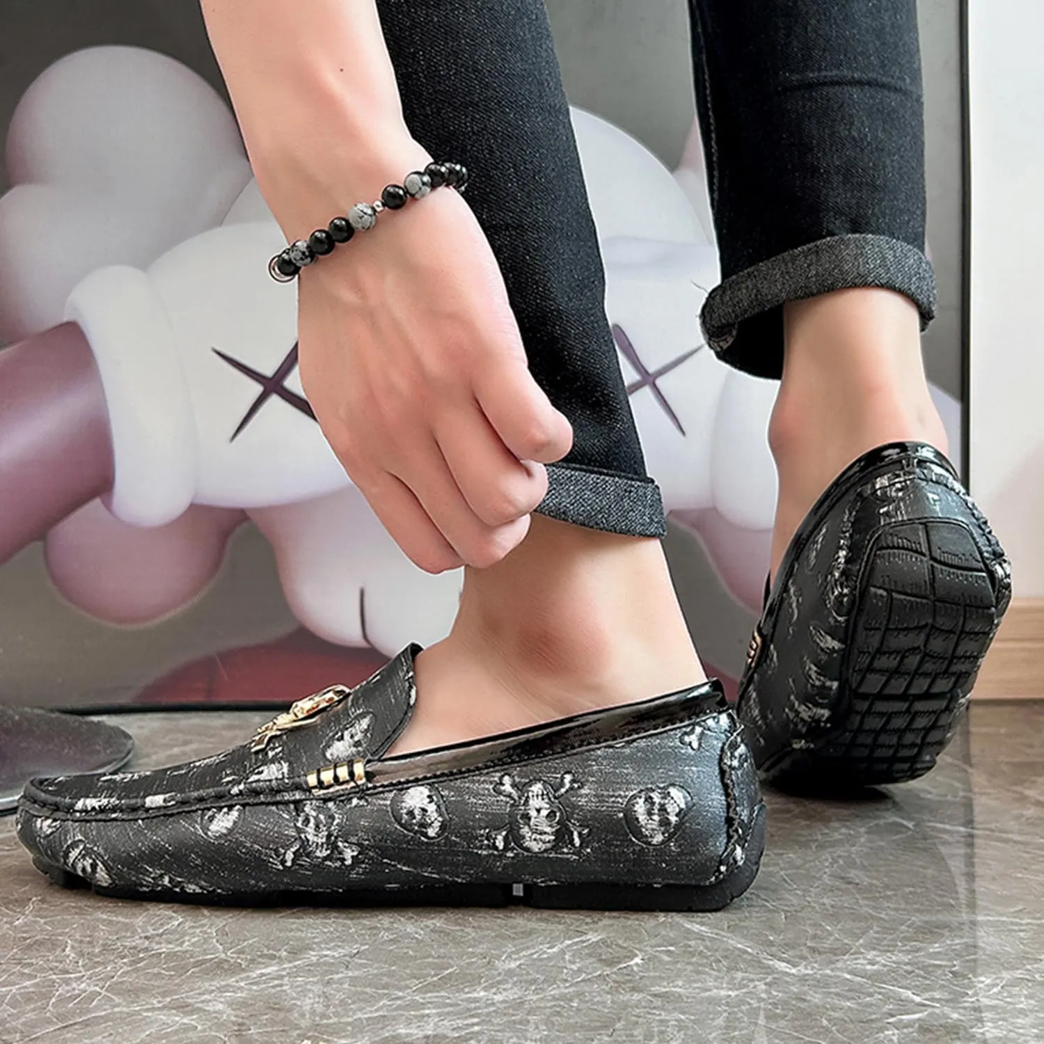 Men's Driving Loafers Moccasins Slip On Loafers with Skull Pattern Metal Ornaments Soft Arch Support Black Penny Loafers for Men