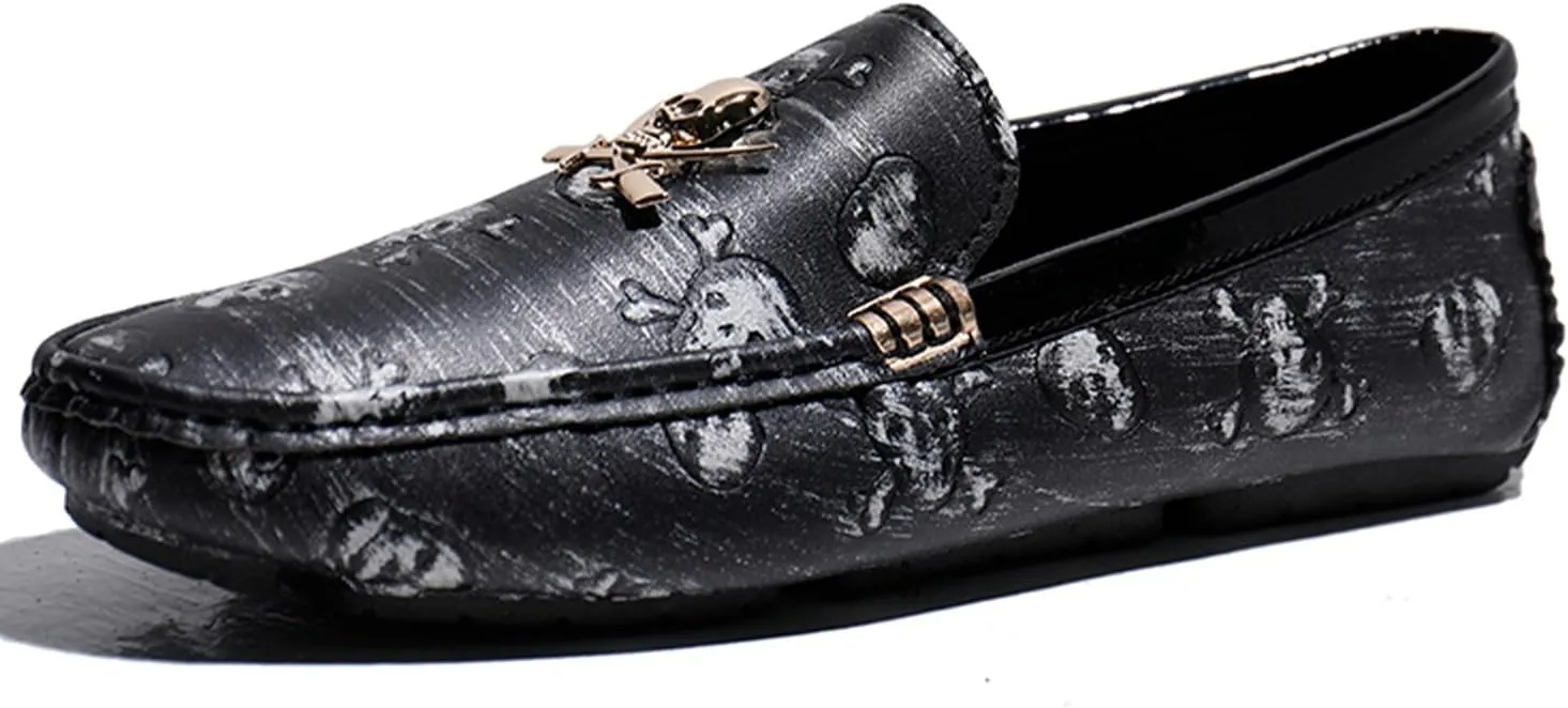 Men's Driving Loafers Moccasins Slip On Loafers with Skull Pattern Metal Ornaments Soft Arch Support Black Penny Loafers for Men