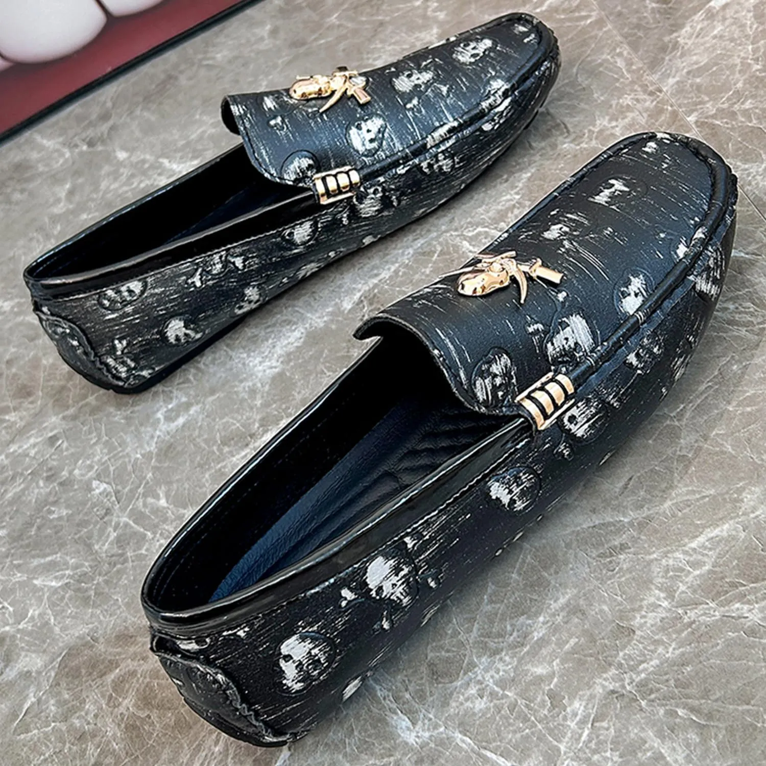 Men's Driving Loafers Moccasins Slip On Loafers with Skull Pattern Metal Ornaments Soft Arch Support Black Penny Loafers for Men