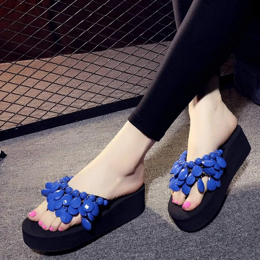 MIOKE Womens Bohemian Beaded Wedge Flipflops High Heel Platform Comfy Nonslip Summer Beach Thong Sandals