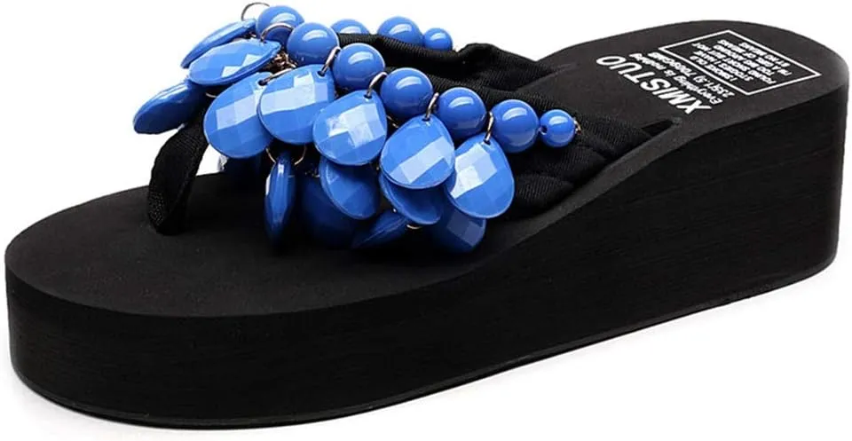 MIOKE Womens Bohemian Beaded Wedge Flipflops High Heel Platform Comfy Nonslip Summer Beach Thong Sandals