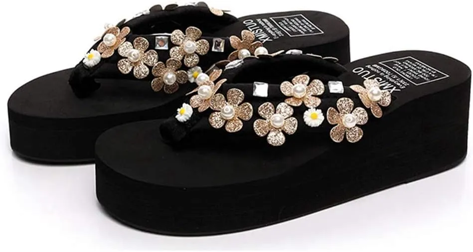 MIOKE Women's Flower Wedge High Heel Flipflops Trendy Summer Platform Comfort Nonslip Beach Thong Sandals