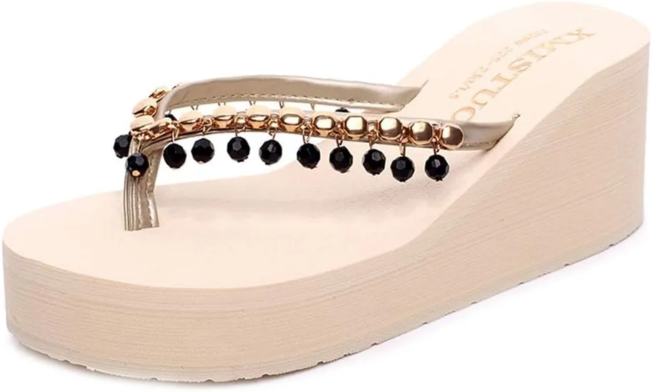 MIOKE Women's High Heel Wedge Flipflops Sparkly Rhinestone Summer Platform Anti-Slip Beach Thong Sandals