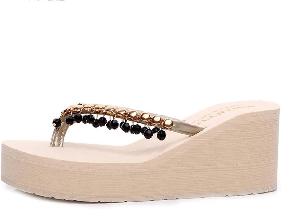 MIOKE Women's High Heel Wedge Flipflops Sparkly Rhinestone Summer Platform Anti-Slip Beach Thong Sandals