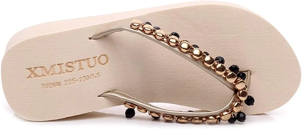 MIOKE Women's High Heel Wedge Flipflops Sparkly Rhinestone Summer Platform Anti-Slip Beach Thong Sandals