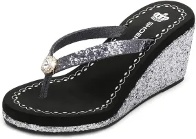 MIOKE Women's Wedge High Heel Flipflops Sandals Glitter Sequin Platform Comfy Nonslip Summer Thong Sandal