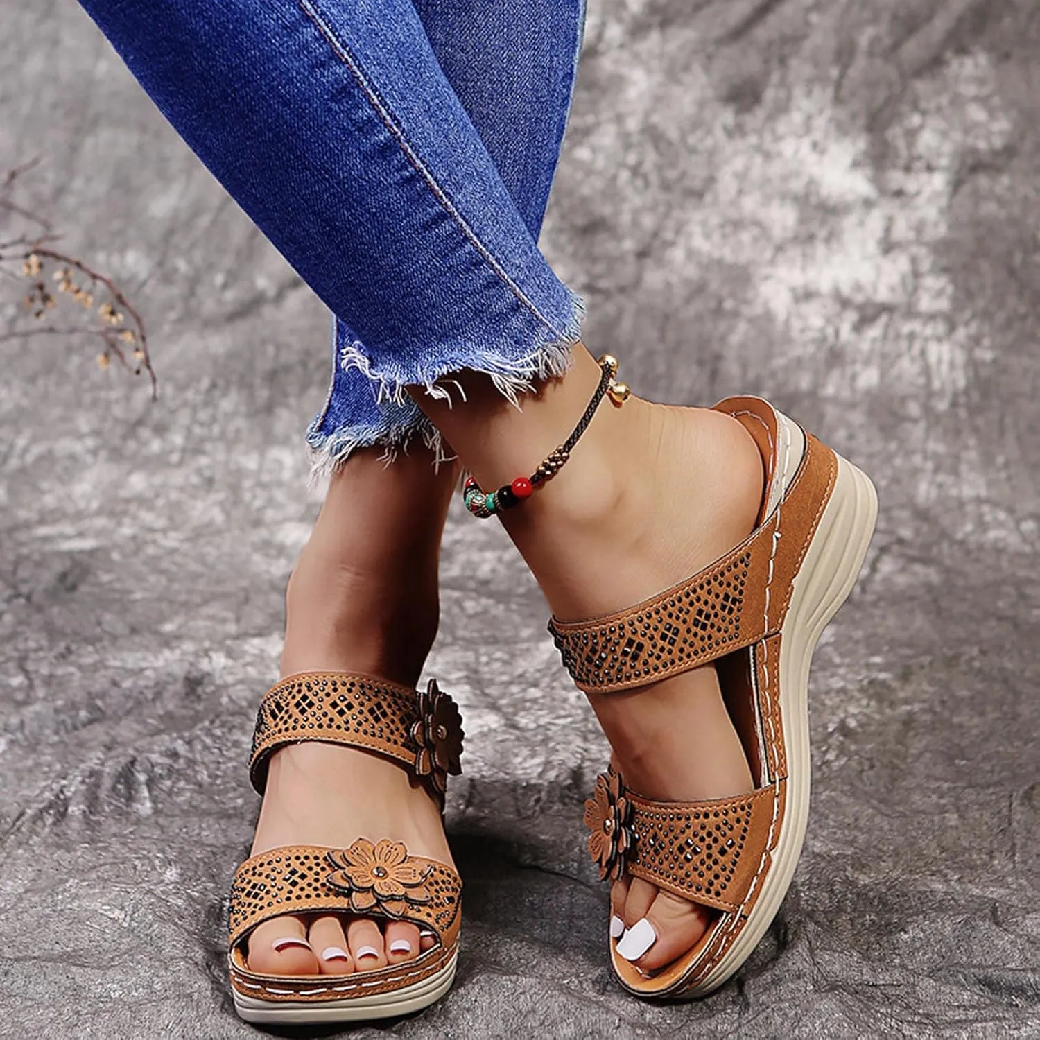 oiangi Rhinestone Sandals for Women Wedge Heel Casual Summer Fish Mouth Open Toe Flower Slip-on Slippers Comfortable Outdoor Ladies Platform Shoes