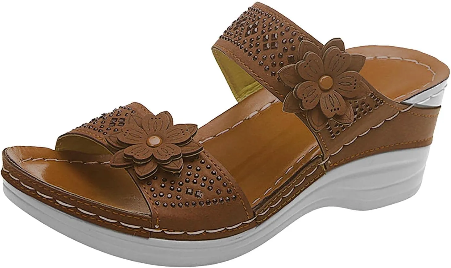 oiangi Rhinestone Sandals for Women Wedge Heel Casual Summer Fish Mouth Open Toe Flower Slip-on Slippers Comfortable Outdoor Ladies Platform Shoes