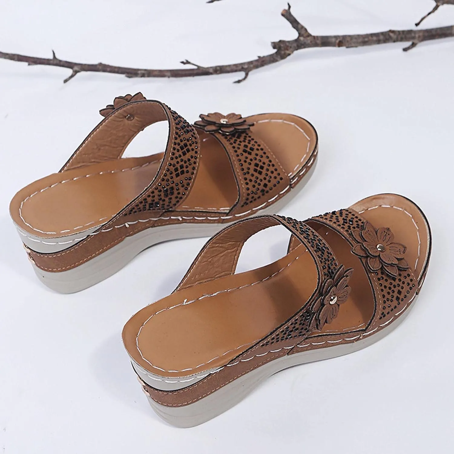 oiangi Rhinestone Sandals for Women Wedge Heel Casual Summer Fish Mouth Open Toe Flower Slip-on Slippers Comfortable Outdoor Ladies Platform Shoes
