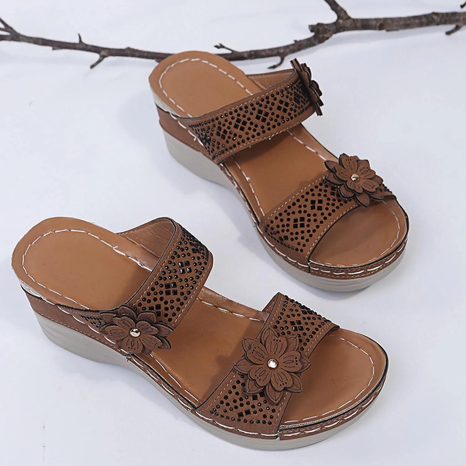 oiangi Rhinestone Sandals for Women Wedge Heel Casual Summer Fish Mouth Open Toe Flower Slip-on Slippers Comfortable Outdoor Ladies Platform Shoes