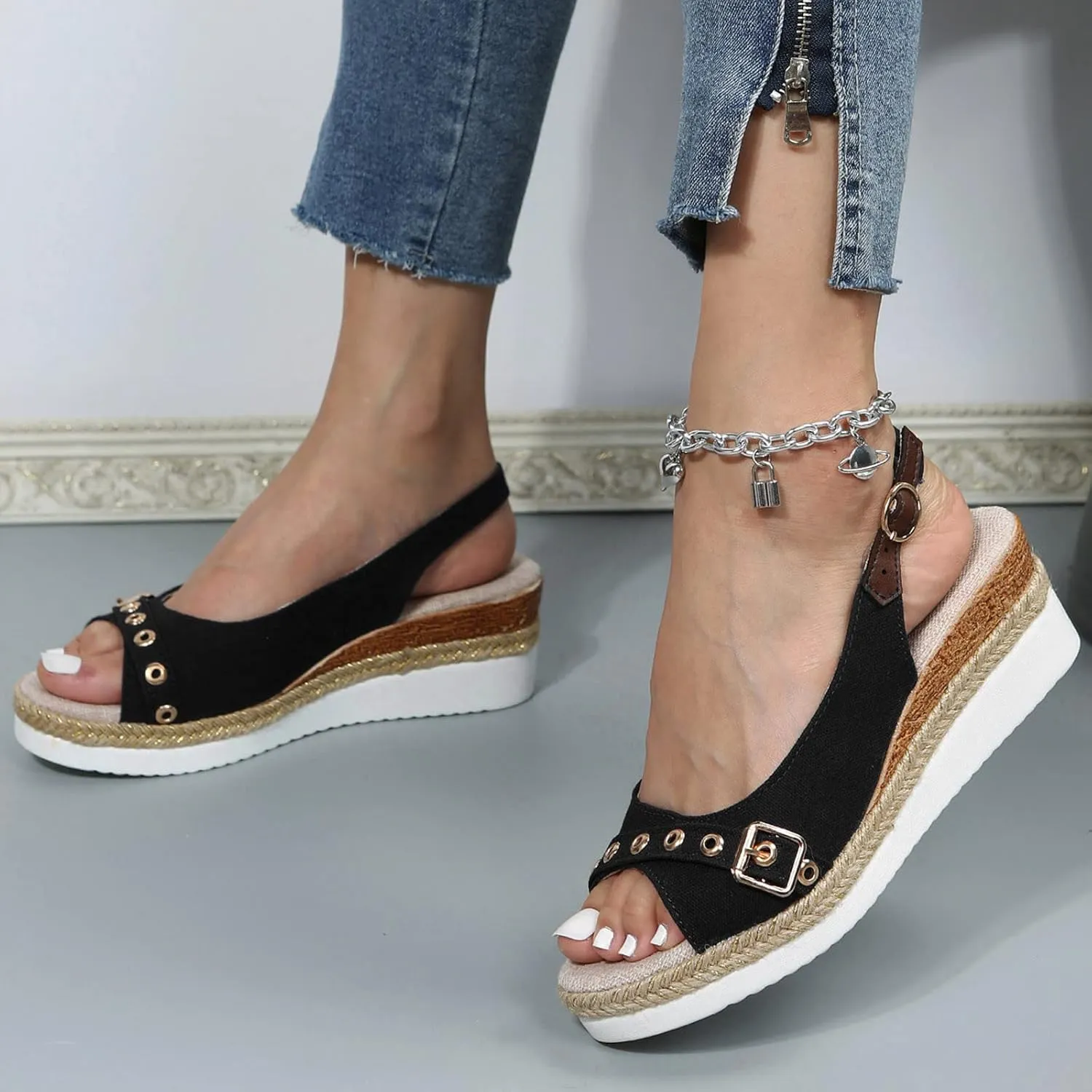 Orthopedic Wedge Sandals for Women Dressy Summer,Canvas Open Toe Platform Sandals Casual Slingback Slip On Sandals