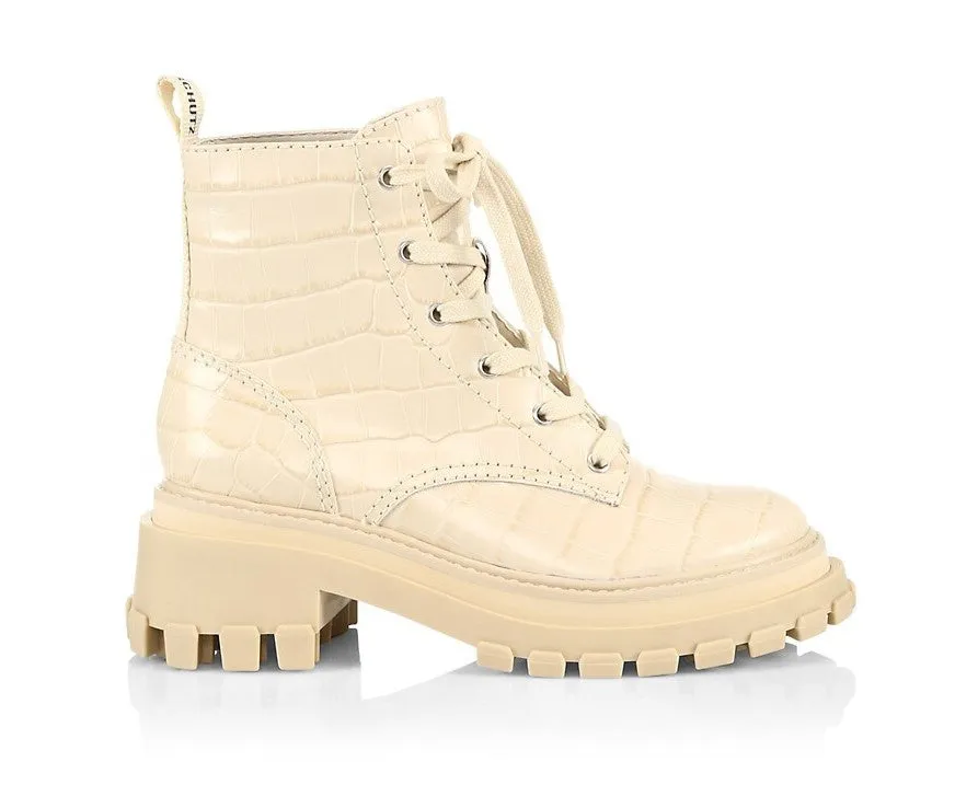 Schutz Egg Shell Croco Womens Rounded Toe Lace Up Fashion Chunky Boots