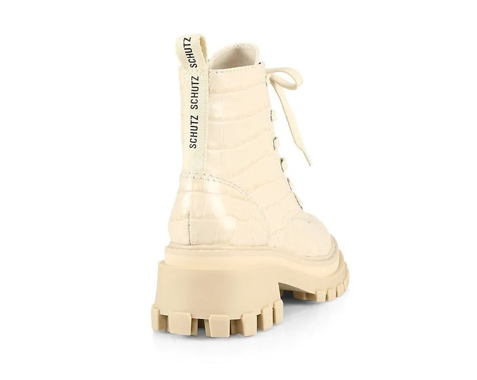 Schutz Egg Shell Croco Womens Rounded Toe Lace Up Fashion Chunky Boots
