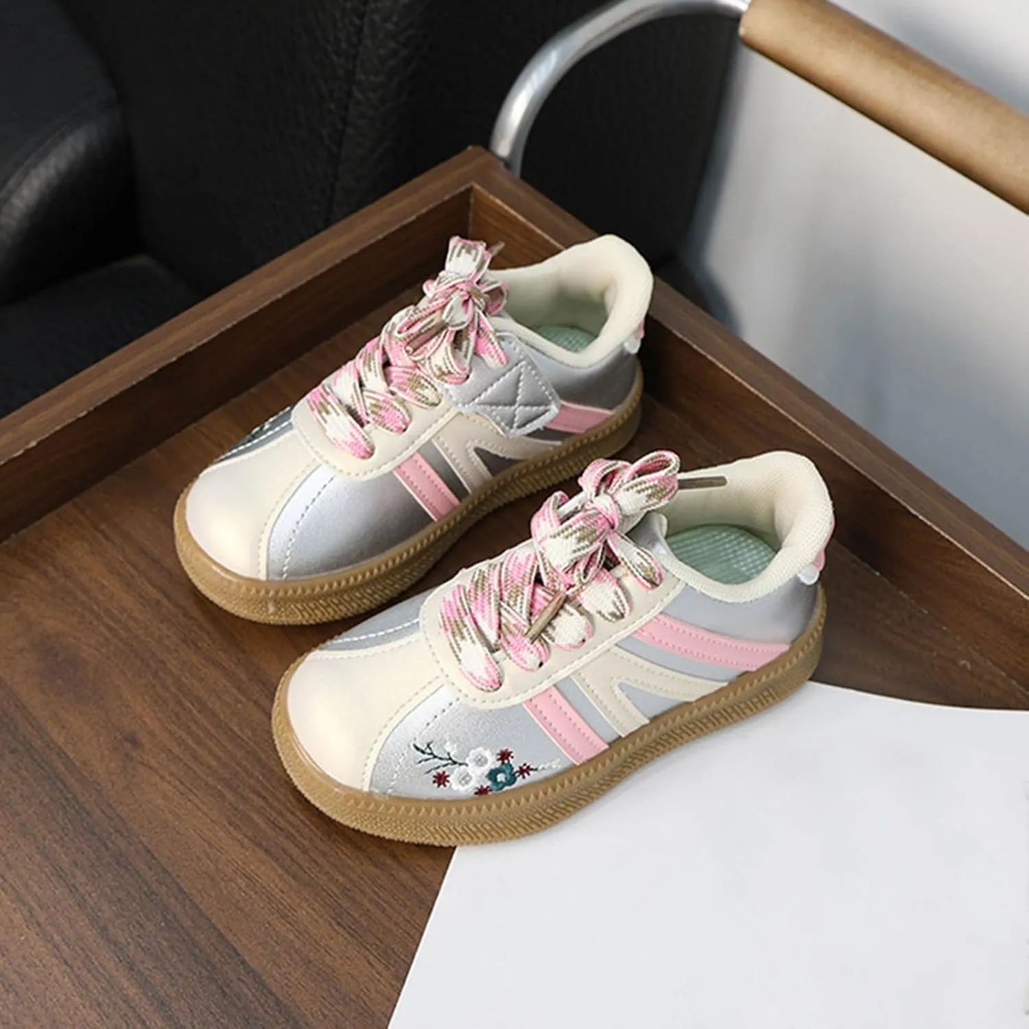 Toddler Kids Casual Sneakers Breathable Non-Slip Tennis Walking Shoes Embroidery Leather Suede Fabric Flats Sneakers