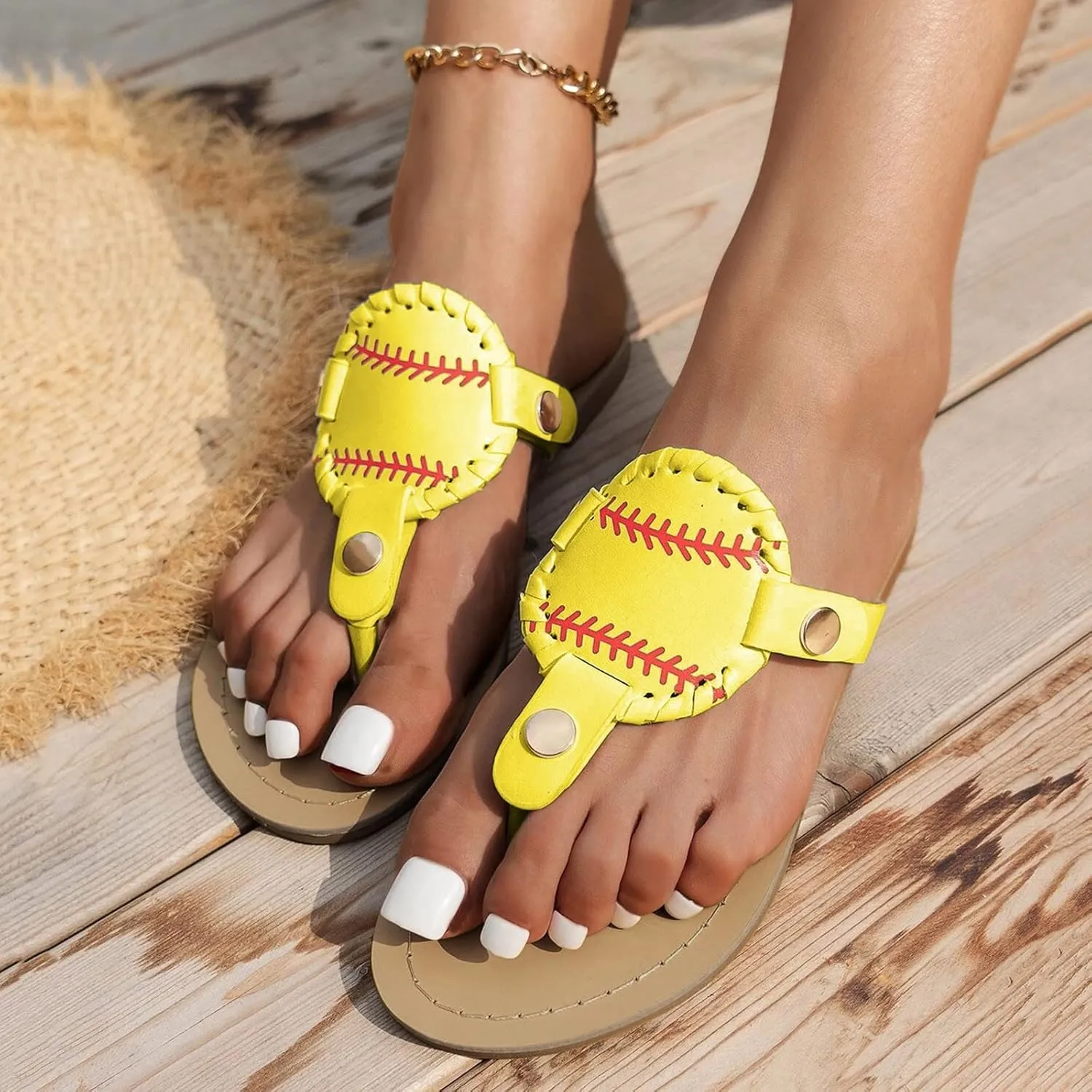 Women Sandals Baseball Printed Flip Flops Beach Slippers Summer Flat Platform ShoesFlats Women's Dress Sandals Flat
