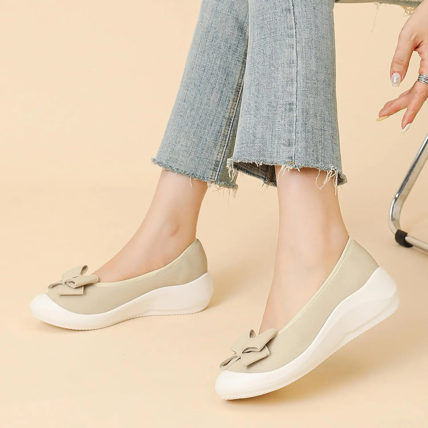 Women's Elasticity Knit Bow Knot Wedge Orthopedics Loafers Lightweight Breathable Round Toe Backless Soft Sole Platform Comfortable Slip On Casual Dressy Walking Shoes for Party Work