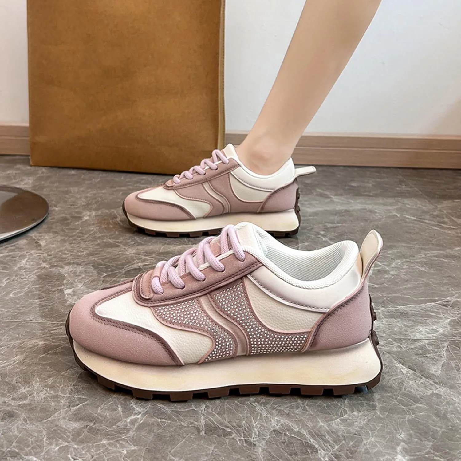 Women's Fashion Dad Sneakers Platform Trainers Lace-up Breathable Running Shoes for Casual Autumn Wear,Pink-38