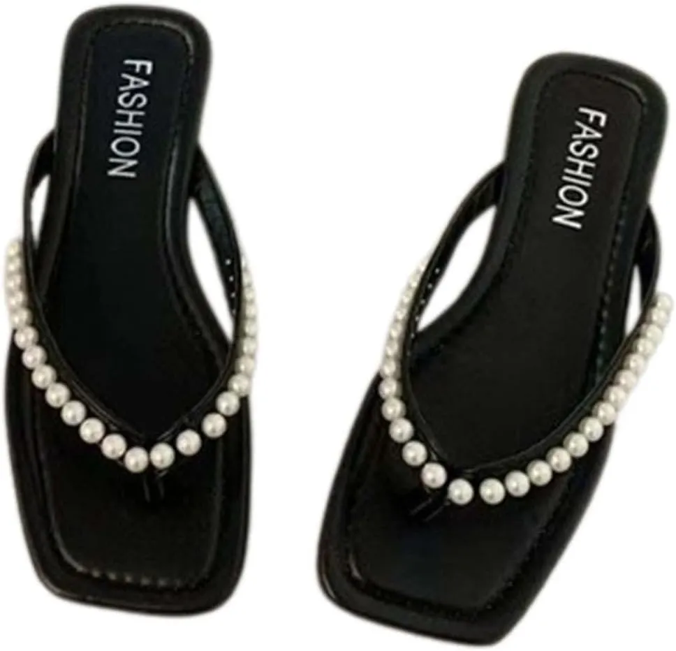 Women's Fashion Pearl Flip Flops Square Toe Thong Sandal Trendy Lightweight Casual Beach Shoes Solid Color Sandals
