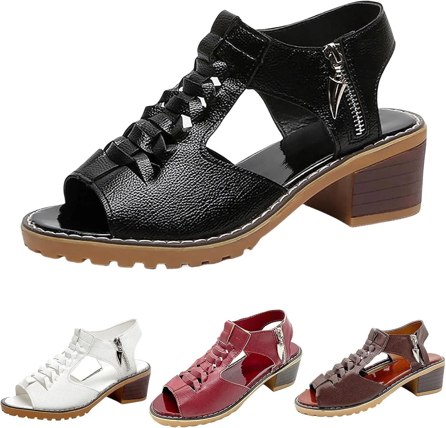 Womens Orthotic Sandals Summer Peep Toe Zipper Chunky Heeled Sandals Round Toe Wedge Sandal Beach Dress Shoes
