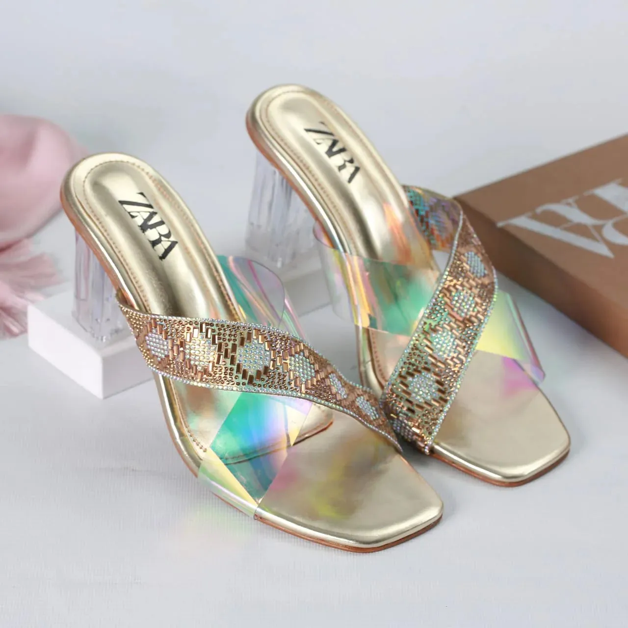 ZARA TRANSPARENT HEELS - GOLDEN
