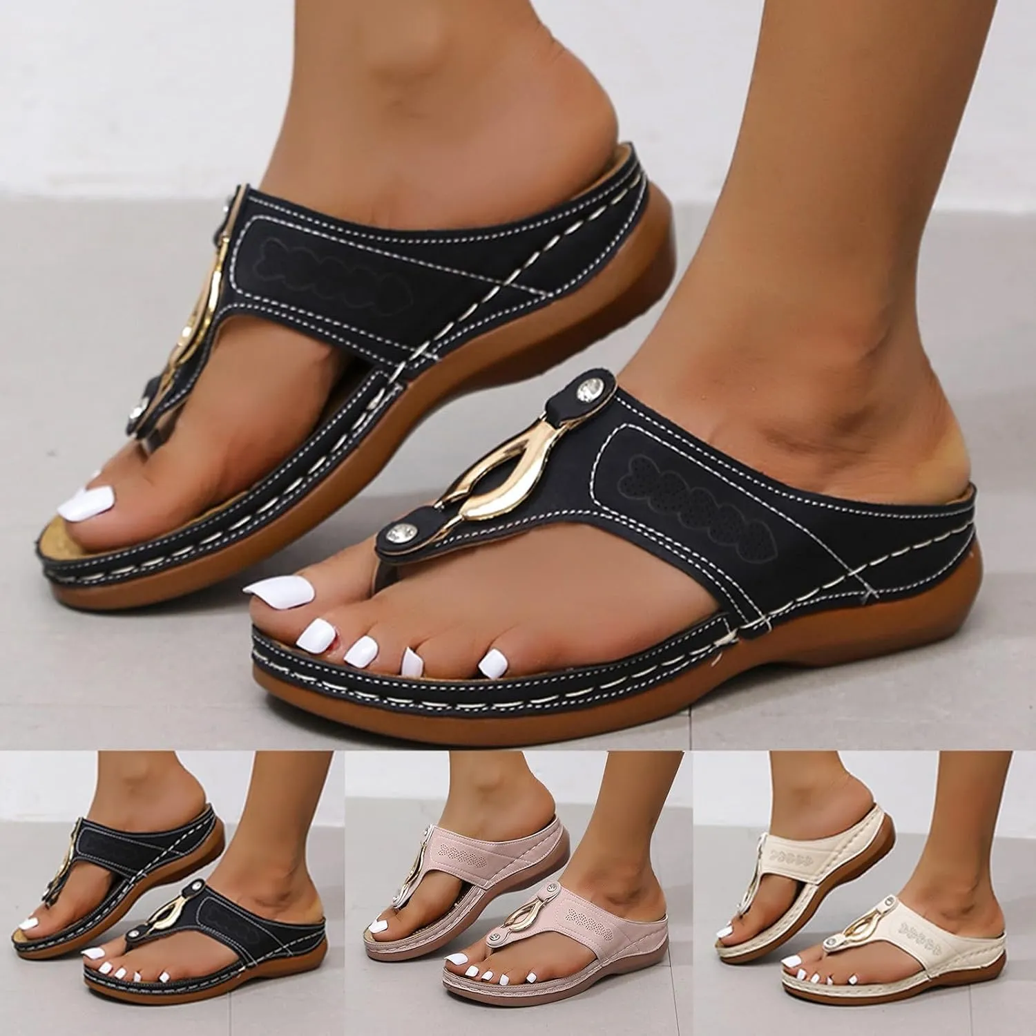 ZSpzx Women's Leather Orthopedic Arch Support Walking Sandals, Summer Adjustable slip on Platforms Orthotic Wedge Sandals, Casual Comfortable Pinch Toe Beach Flipflops Slippers
