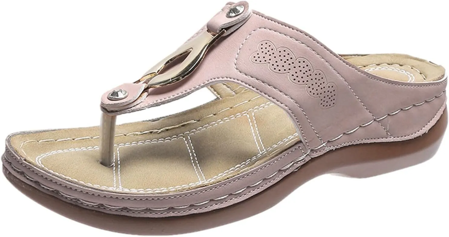 ZSpzx Women's Leather Orthopedic Arch Support Walking Sandals, Summer Adjustable slip on Platforms Orthotic Wedge Sandals, Casual Comfortable Pinch Toe Beach Flipflops Slippers